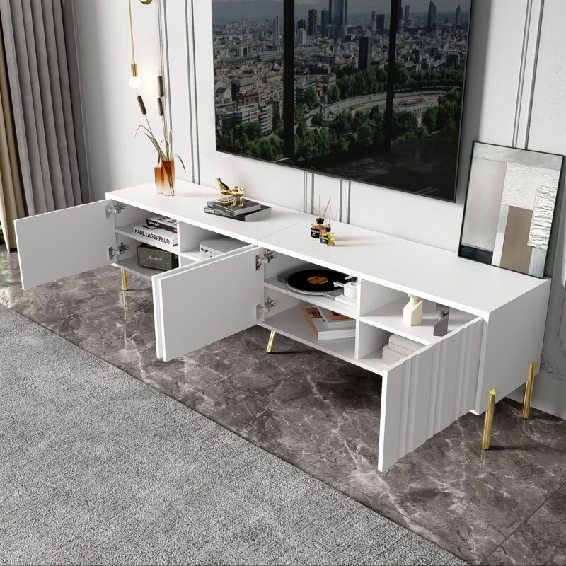 Meuble TV avec rangement pour télé jusqu’à 60", buffet bas 4 portes, pieds métalliques dorés, MDF, 190×38×48 cm, blanc