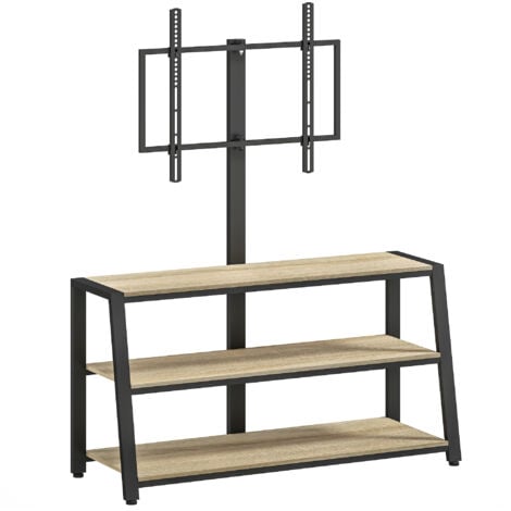 HOMCOM Meuble TV avec support orientable 35° - compatible TV 32-65 pouces max - 3 étagères - acier noir effet bois clair