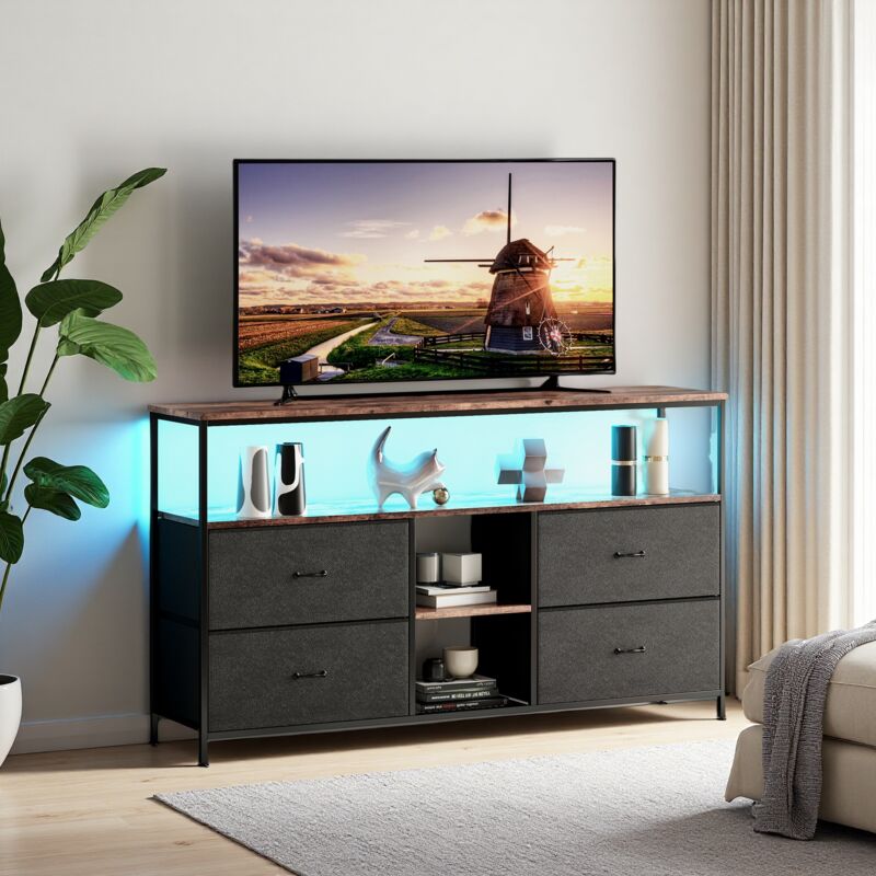 Meuble TV avec Support Réglable et Éclairage LED RVB, avec 4 Tiroirs, Étagères Ouvertes en Verre, 108 cm, Meuble Télé Moderne, pour Salon, Chambre,