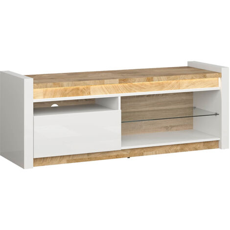 Meuble TV avec tiroir et étagère avec éclairage LED ,coloris Blanc brillant/Chêne clair - Longueur 147 x Profondeur 46 x Hauteur 55 cm