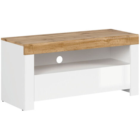 Meuble TV avec tiroir et étagère,coloris Blanc/Chêne wotan - Longueur 106 x Profondeur 42 x Hauteur 50,5 cm