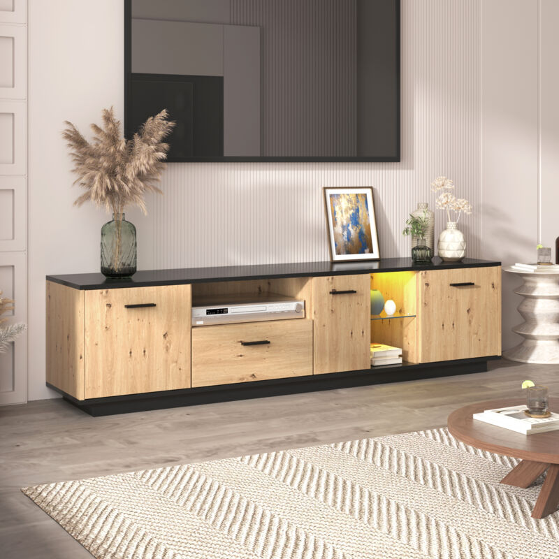 Okwish - Meuble tv avec un tiroir, trois portes, deux compartiments ouverts, led 15 lampes variables, noir et naturel 180x 40x 45cm