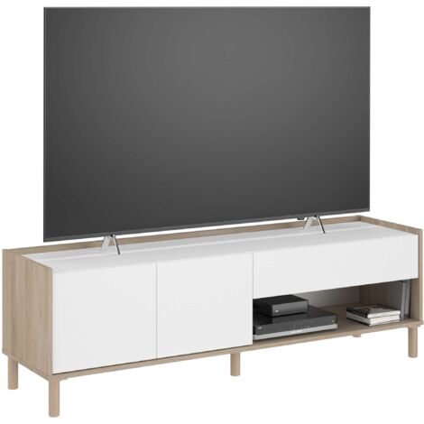 Meuble TV Azzaro 150 cm style nordique salon salle à manger en chêne japonais et blanc avec 2 portes, 1 tiroir et 1 niche ouverte