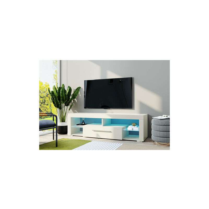 Jn.songs - Meuble TV Banc LED Moderne avec Tiroirs et 4 étagères pour Salon ，Chambre 153x44 x44 cm, Blanc