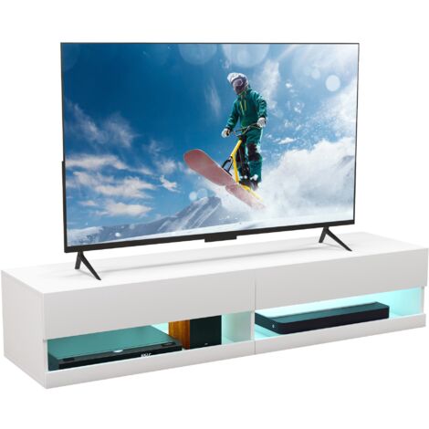 Meuble TV/banc mural de style moderne avec LED - meuble avec deux portes à charnières et deux passe-câbles en bois.