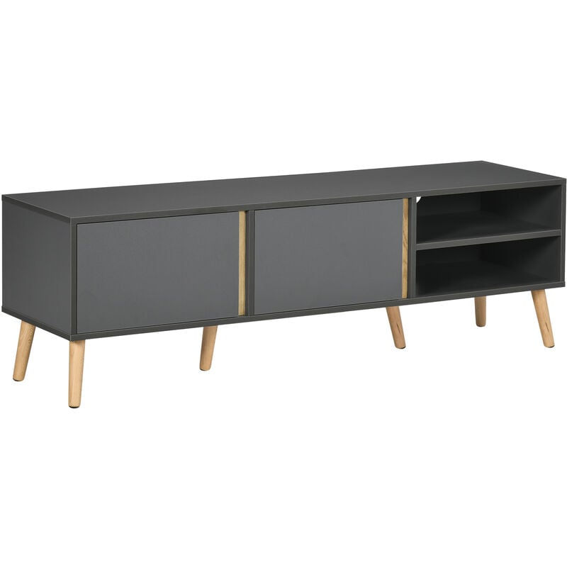 Meuble tv banc tv 2 portes 2 niches design scandinave panneaux particules gris aspect bois clair