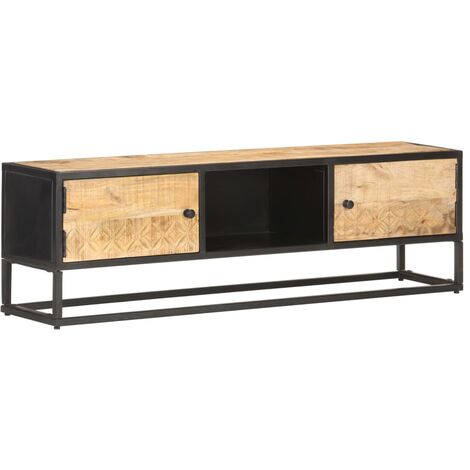 Meuble TV  Banc TV Armoire de rangement avec porte sculptée 130x30x40cm Bois de manguier brut 17394