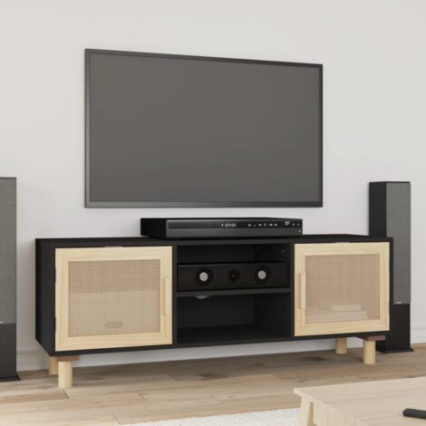 Meuble TV, Banc TV, Armoire de rangement Noir 105x30x40cm Bois de pin massif et rotin naturel FR804381 DESIGN IN