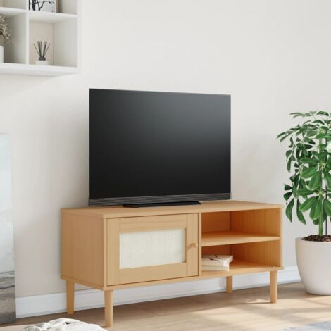 Meuble TV, Banc TV, Armoire de rangement SENJA aspect rotin marron 106x40x49cm bois massif pin FR664974 DESIGN IN