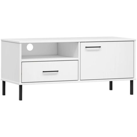 Meuble TV  Banc TV  Armoire TV avec pieds en métal Blanc Bois de pin massif OSLO