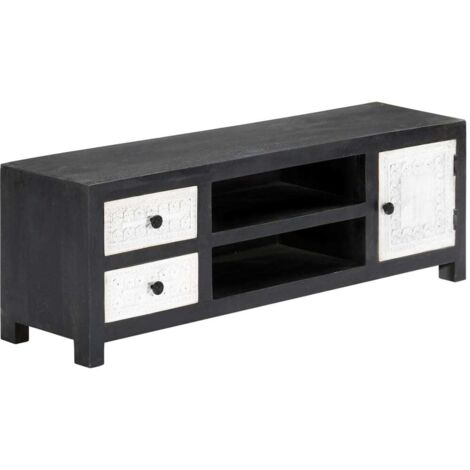 Meuble TV  Banc TV  Armoire TV sculpté à la main Gris et blanc 120x30x40 cm Manguier