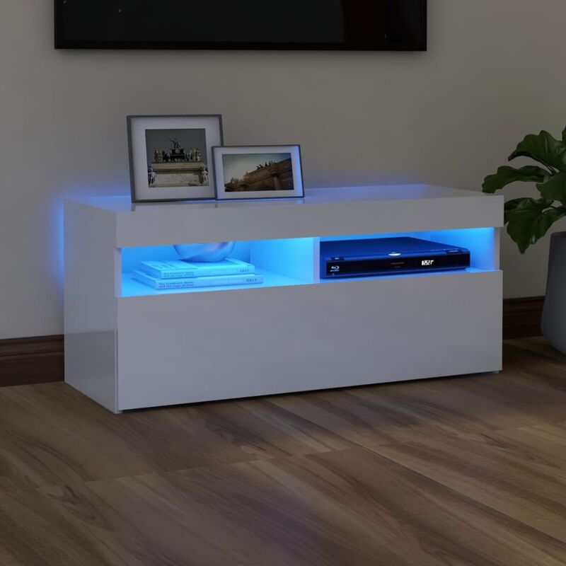 Meuble tv avec lumières led, Banc tv, Support de Télévision, Meuble tv de salon blanc brillant 90x35x40 cm YHJ51043