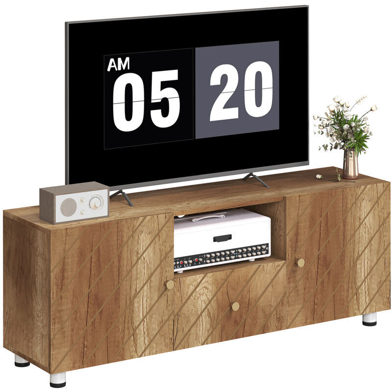 Homcom - Meuble tv banc tv design - 2 portes, 2 étagères, niche tiroir - effet bois doré