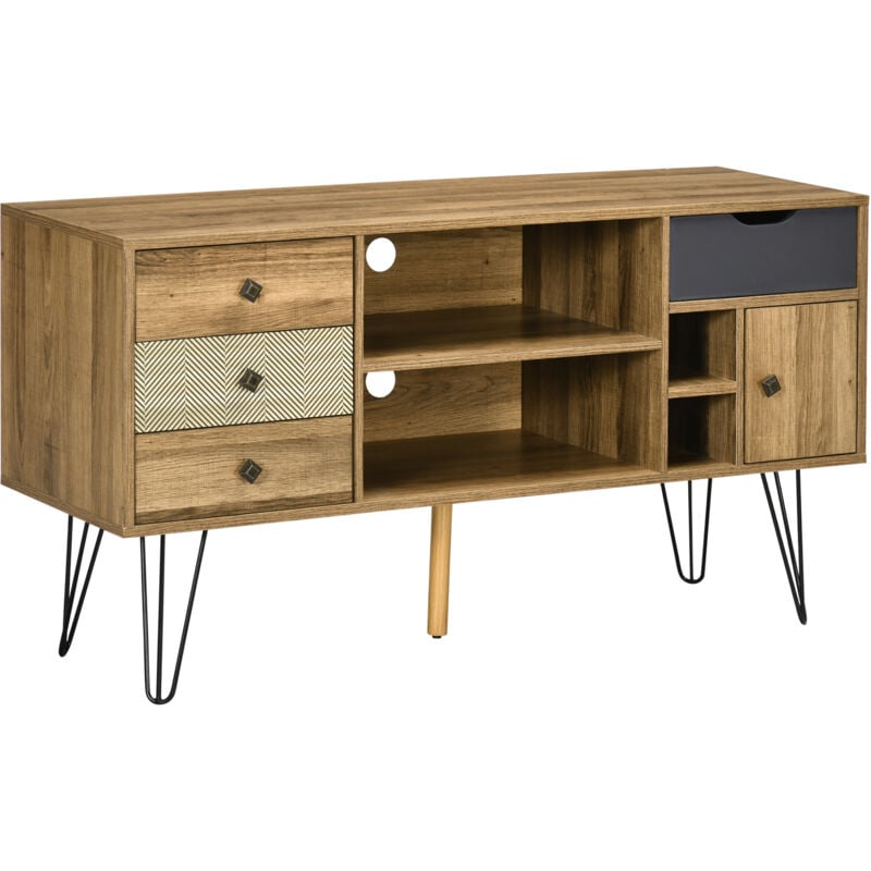 Homcom - Meuble tv banc tv design industriel graphique - 4 tiroirs, 4 niches, porte - piètement épingle métal noir aspect bois