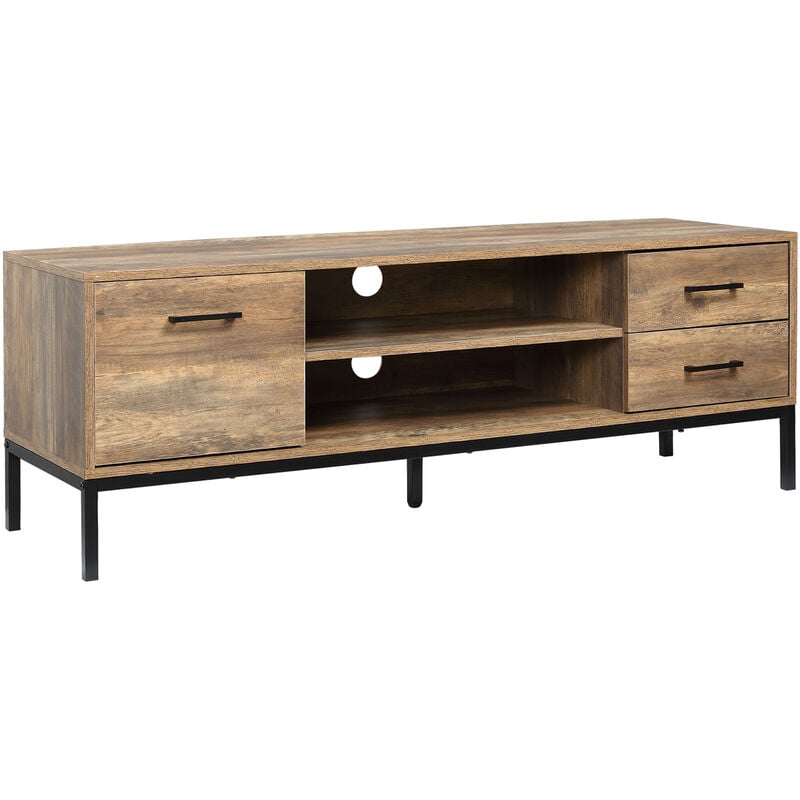 Meuble tv banc tv design industriel - porte, 2 tiroirs, 2 niches - piètement acier noir - aspect bois de manguier