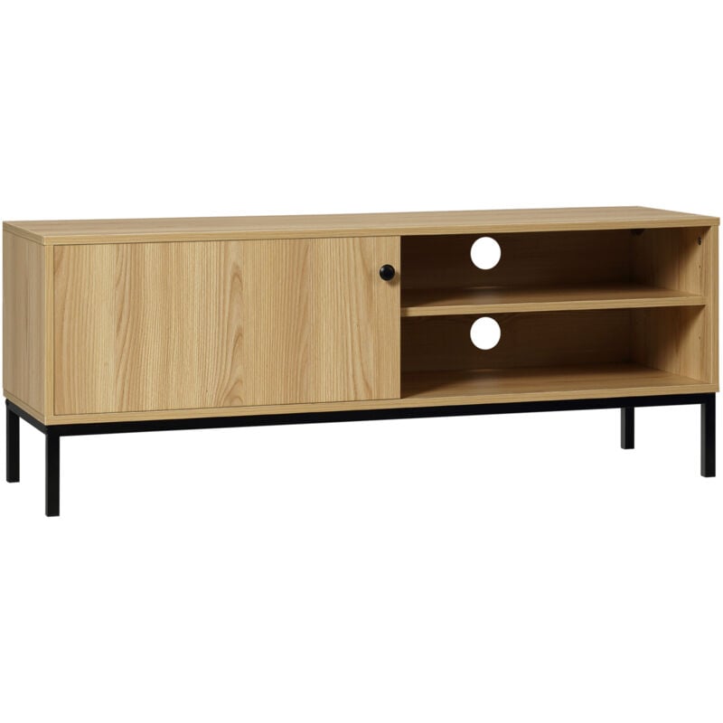 Homcom - Meuble tv banc tv design industriel - porte coulissante, 2 niches, 2 passe-fils - piètement métal noir panneaux aspect bois clair