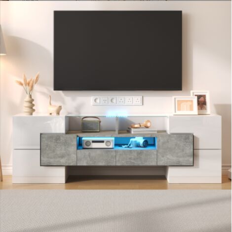 Meuble TV / Banc TV élégant. Blanc haute brillance, 145 cm, éclairage LED, mobilier de salon. Design moderne. Surface en verre raffinée.