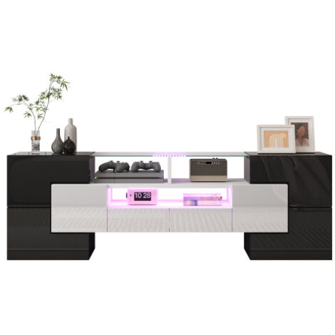 Meuble TV / Banc TV élégant. Blanc haute brillance, 145 cm, éclairage LED, mobilier de salon. Design moderne. Surface en verre raffinée.