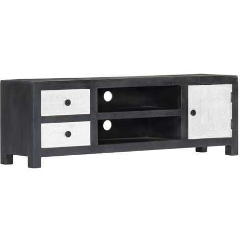 Meuble TV-Banc TV-Meuble Télé sculpté à la main Gris et blanc 120x30x40 cm Manguier 723955