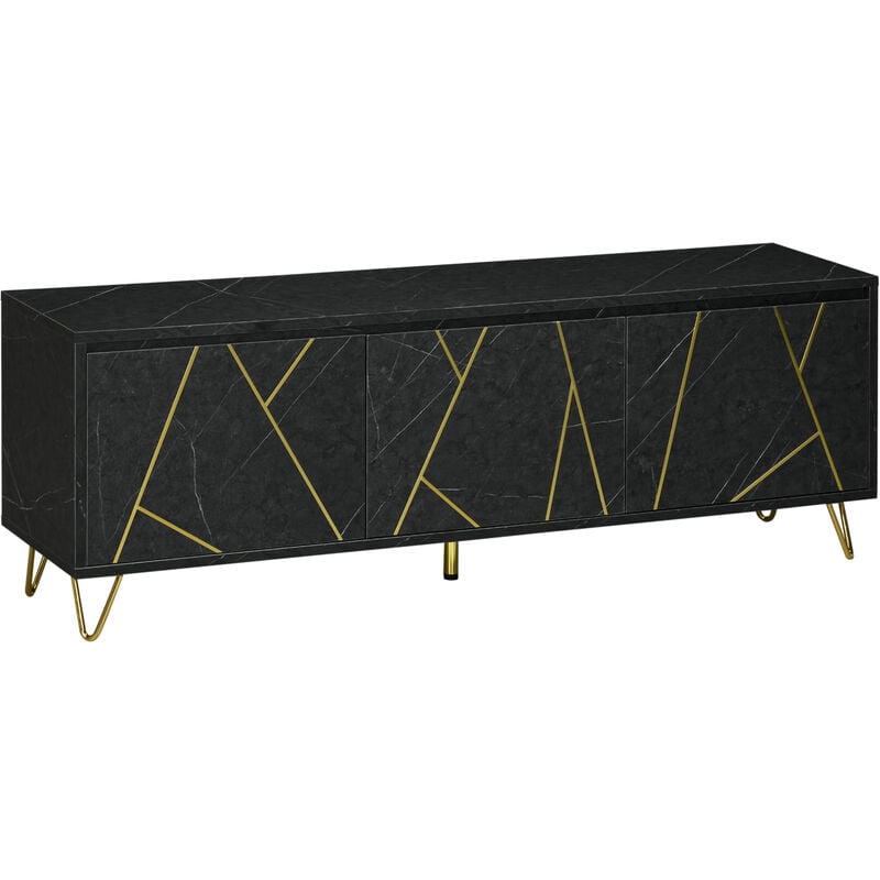homcom - meuble tv banc tv style art déco - 3 portes, 2 étagères - piètement épingle métal doré mdf aspect marbre noir rainures dorées - noir
