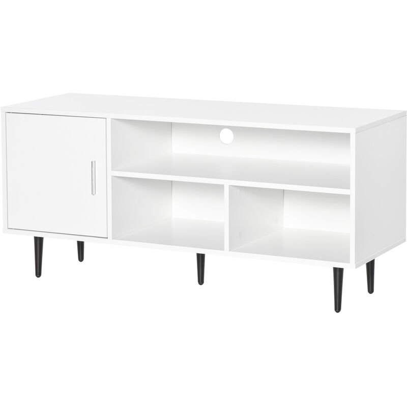 Homcom - Meuble TV banc TV style contemporain 1 porte 1 étagère 2 niches passe-fils métal noir panneaux blanc