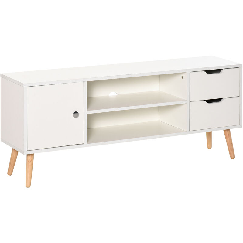Homcom - Meuble TV banc TV style scandinave placard 2 niches 2 tiroirs passe-fils panneaux particules blanc bois pin