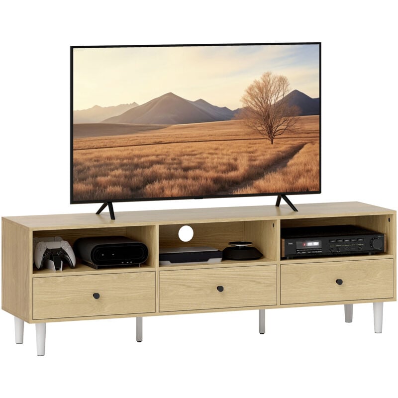 Homcom - Meuble tv banc tv sur pieds effilés - 3 tiroirs, 3 niches, passe-câble - dim. 140 x 34 x 45 cm - métal effet bois naturel