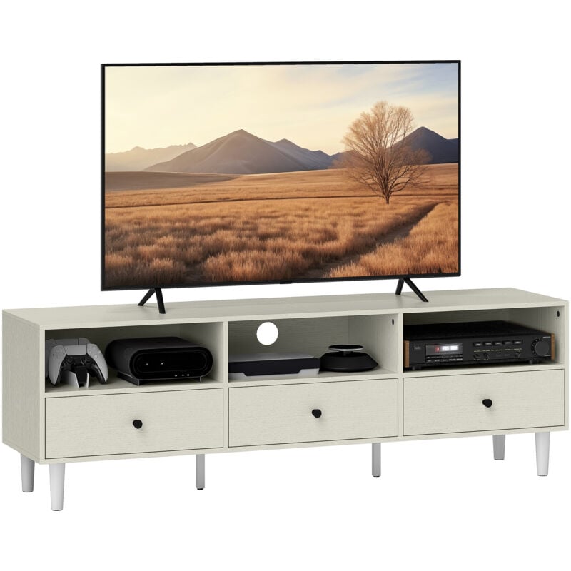 Homcom - Meuble tv banc tv sur pieds effilés - 3 tiroirs, 3 niches, passe-câble - dim. 140 x 34 x 45 cm - métal effet bois blanc