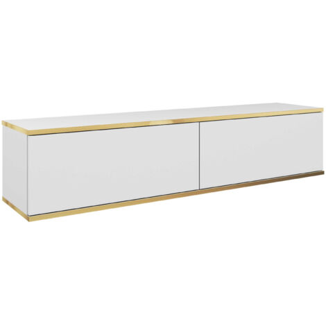 Meuble TV Banff RTV135, façade lisse blanche, chêne artisanal, 135 cm de large, 30 cm de haut, 32 cm de profondeur
