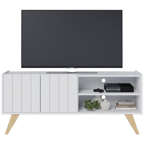 Meuble TV Bar 55 Pouces Blanc Pieds Bois 2 Portes 3 Niches L 135.8 H 58.7 P 36.1cm