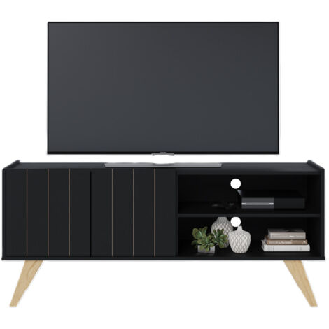 Meuble TV Bar 55 Pouces Noir Pieds Bois 2 Portes 3 Niches L 135.8 H 58.7 P 36.1cm