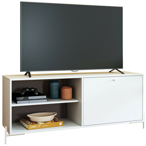 Meuble TV Bar 60 Pouces Blanc 1 Porte 4 Niches Pieds Métal Ronds L 142 H 56 P 35 cm