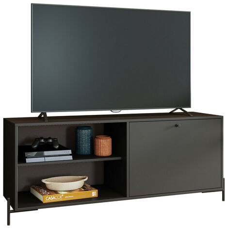 Meuble TV Bar 60 Pouces Noir 1 Porte 4 Niches Pieds Métal Ronds L 142 H 56 P 35 cm