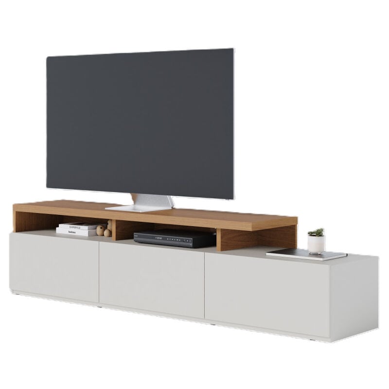 Meuble tv Bar 70 Pouces Chêne et Blanc 3 Portes 6 Niches l 210 h 50.6 p 45.3 cm