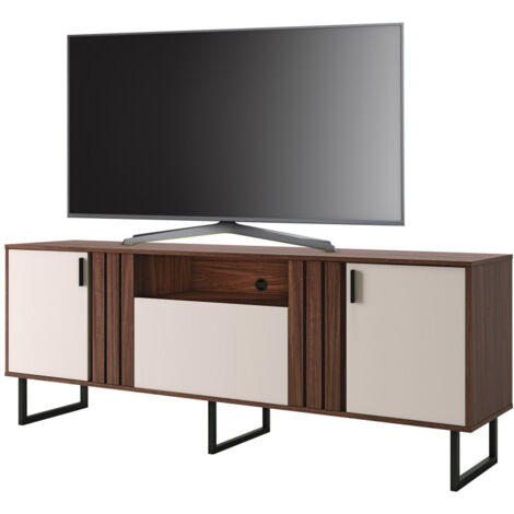 Meuble TV Bar 70 Pouces Noyer et Blanc 3 Portes 4 Niches Pieds Métal L 180 H 64 P 40.3 cm