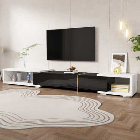 Meuble TV bas 140x40x30cm, longueur réglable, avec fonction rotation, placage aspect marbre, MDF - HAUSS SPOLE, noir