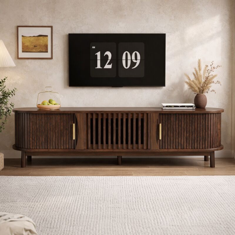Meuble TV bas - 165x39,5x46 cm - Marron rétro - Avec portes coulissantes et porte rabattable - Support TV stable pour jusqu'à 65"