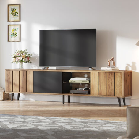 Meuble TV bas 175x31,5x45 cm, 3 placards, convient écrans jusqu’à 75'', design sobre, panneaux de bois, bois naturel et noir