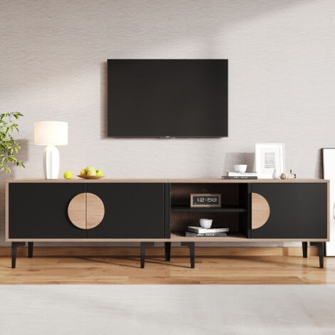 Meuble TV bas 180 x 35 x 49 cm, support TV pour salon, meuble TV avec 2 compartiments, étagères ouvertes, coloris bois et noir, compatible avec les téléviseurs jusqu'à 80 pouces.