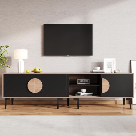 Meuble TV bas, 180x35x49 cm, meuble TV de salon, meuble TV avec deux étagères, panneau TV ouvert, bois et noir, convient pour un téléviseur de 80 pouces.