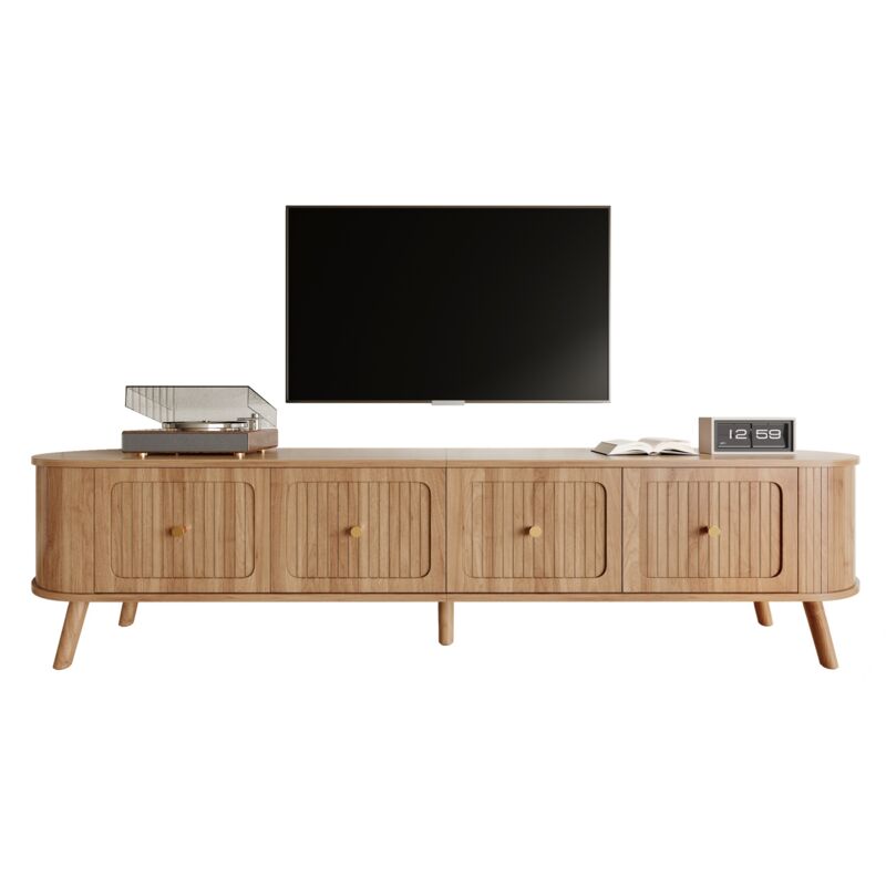 Meuble TV bas 180x38x47 cm – 4 portes, poignées dorées, pieds bois, design unique