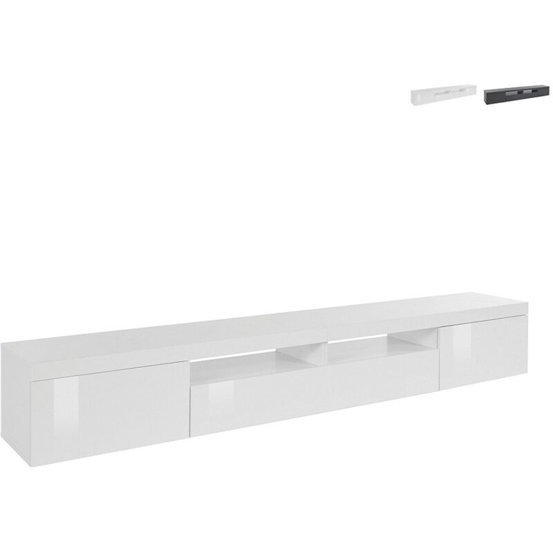 Web Furniture - Meuble tv bas à roulettes 2 portes 1 abattant 240x40x35cm Idris Couleur: Blanc brillant