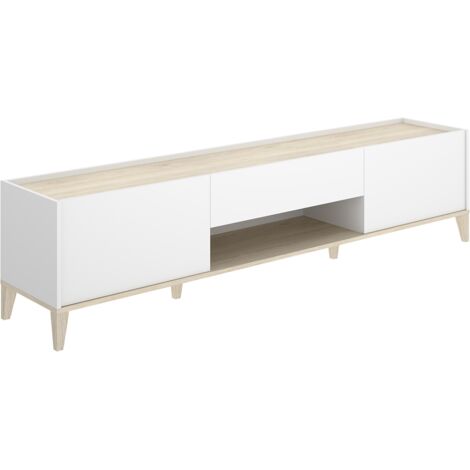 Meuble TV bas avec 2 portes abattante, 1 tiroirs et 1 niche centrale, coloris naturel/blanc - Hauteur 50,1 x Longueur 196,5 x Profondeur 39,2 cm