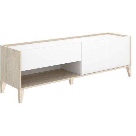 Meuble TV bas avec 2 tiroirs, 2 portes battantes et 1 niche, coloris naturel/blanc - Hauteur 50 x Longueur 150 x Profondeur 39,2 cm