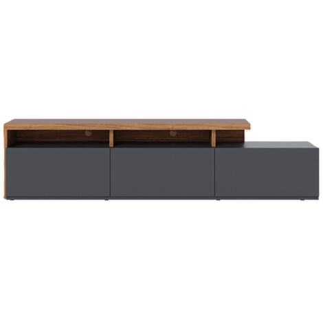 Meuble TV bas avec 3 tiroirs coloris bois et noir mat - Longueur 210 x Hauteur 51 x Profondeur 45 cm