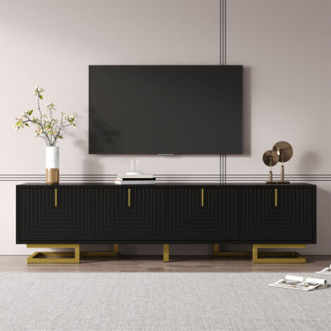 Meuble TV bas avec portes texturées, poignées et pieds dorés