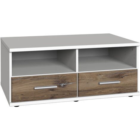 Meuble TV bas coloris Blanc, rechampis imitation chêne Flagstaff - Longueur 92 x Hauteur 38 x Profondeur 58 cm -PEGANE-