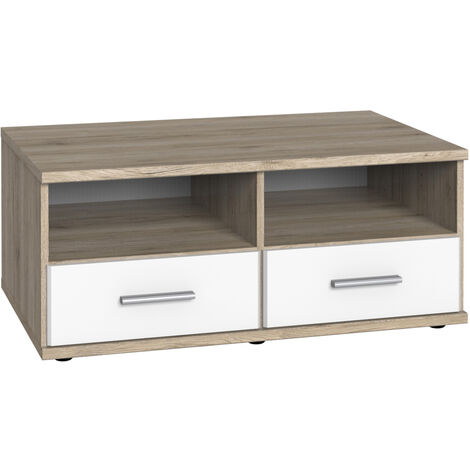Meuble TV bas coloris Imitation chêne San Remo, rechampis blanc - Longueur 92 x Hauteur 38 x Profondeur 58 cm -PEGANE-