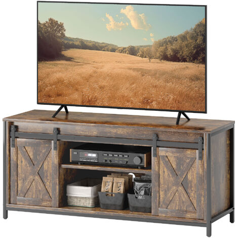 Meuble TV bas, design industriel, pour téléviseurs 60 pouces, 6 compartiments, 2 portes coulissantes, marron/noir