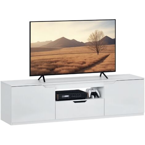 Meuble TV bas, finition laquée brillante, pour téléviseurs jusqu'à 65 pouces, 3 compartiments, tiroir, 160 x 38 x 43 cm, blanc